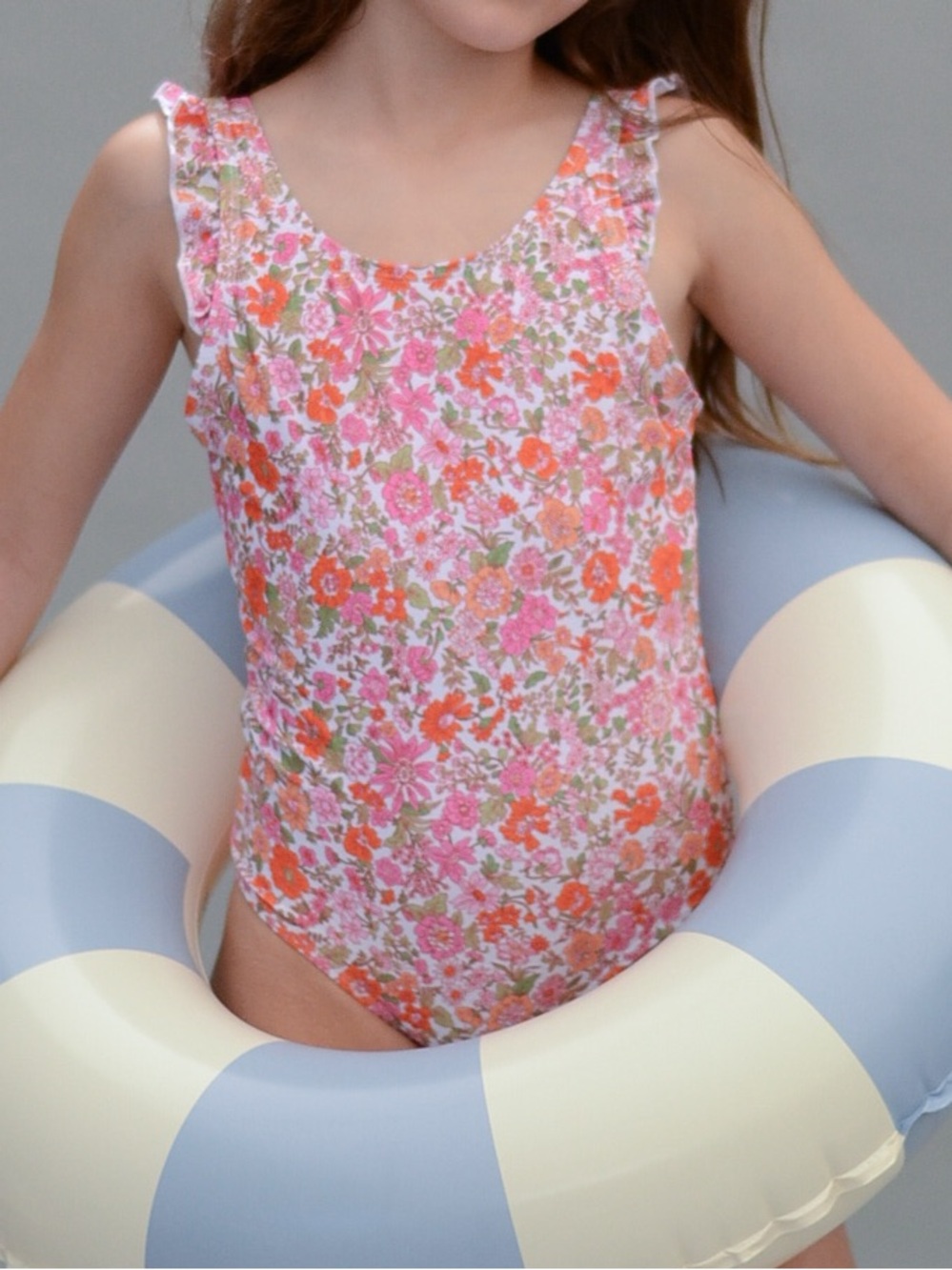 Girls' Pink & Orange Floral One-Piece Swimsuit with Ruffled Straps